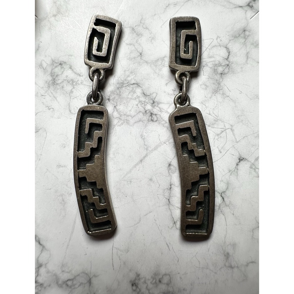 VTG Mexican Modernist Sterling Silver Dangle Earrings PCA 126 Greek Key 8.7g